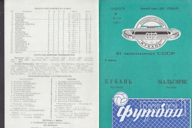 Футбол 1978 Кубань Краснодар - Жальгирис Вильнюс в городе Краснодар, фото 1, стоимость: 150 руб.