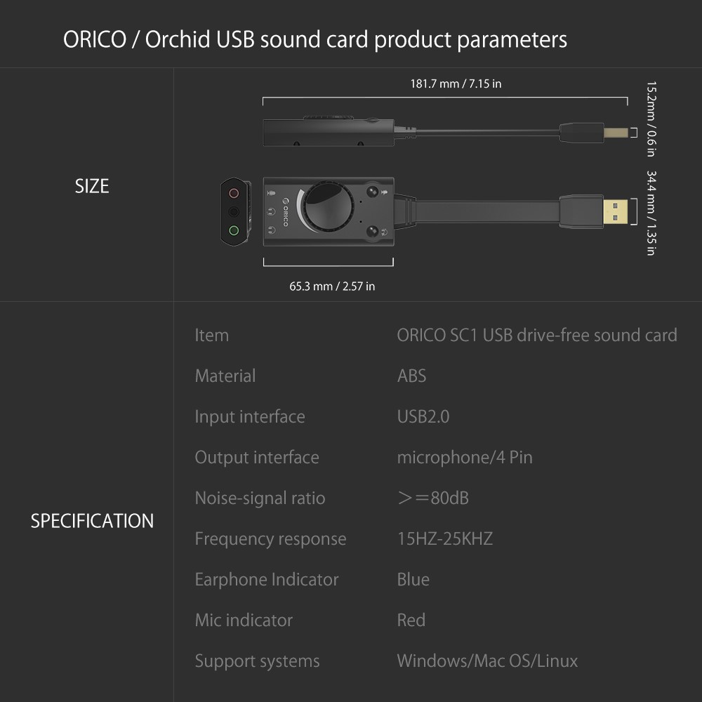 ORICO SC1 Внешняя USB звуковая карта стерео, разъём аудио Jack 3.5 мм в городе Томск, фото 2, Компьютерные аксессуары