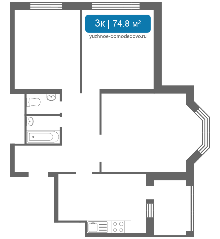 Трехкомнатная квартира в ЖК Южное Домодедово Корпус 3-41 в городе Москва, фото 1, Московская область